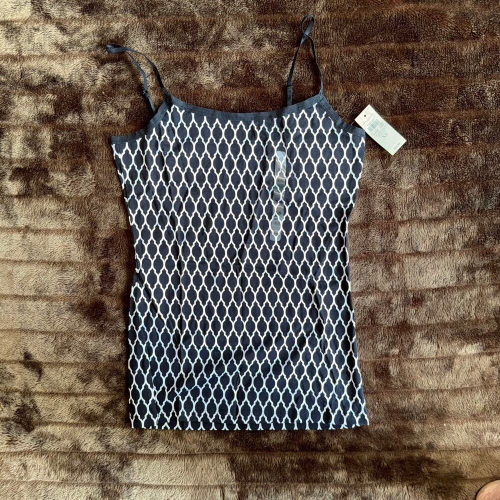 Ann Taylor XS BRAND NEW White Print on Black Stretch Cotton Camisole Top